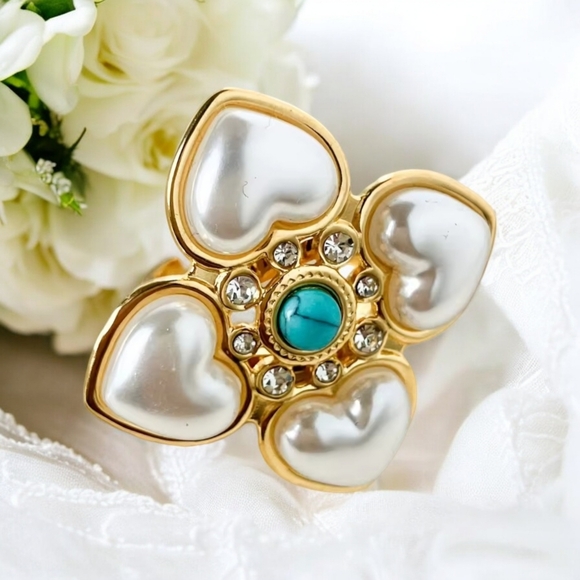 New Oversized Baroque Pearl Turquoise Heart Statement Ring - Picture 1 of 4